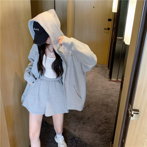 Real shot real price hooded loose casual cardigan sweater jacket + versatile wide leg shorts casual suit