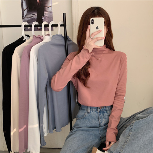 Real price half high collar bottomed shirt women's inner layer with spring and autumn thin velvet fungus edge top middle collar long sleeve T-shirt