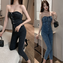 Real shot new small sexy high waist bra Jumpsuit women's slim jeans Leggings