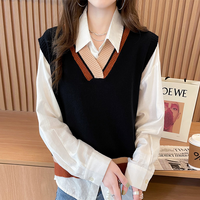 Early autumn vest women's top stripe V-neck design sense of minority sweater women's Vest