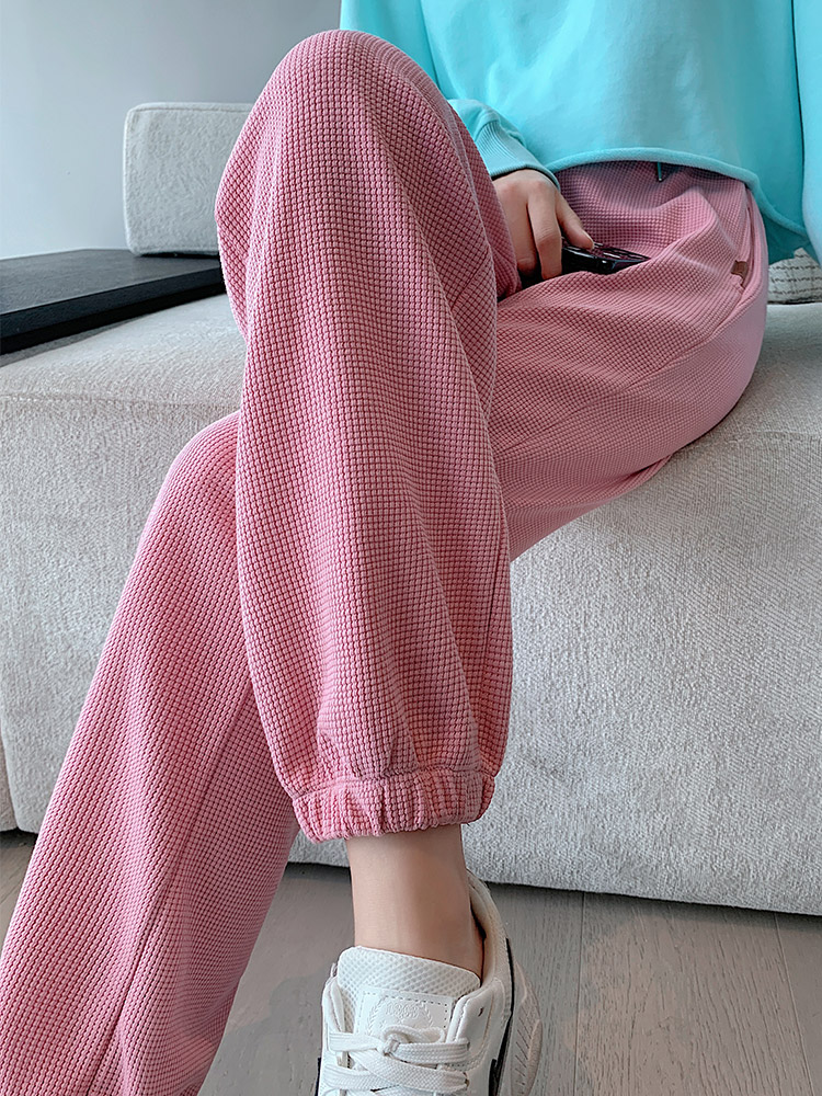 Grey waffle sweatpants women's loose Leggings spring and autumn high waist slim casual pants drawstring Leggings