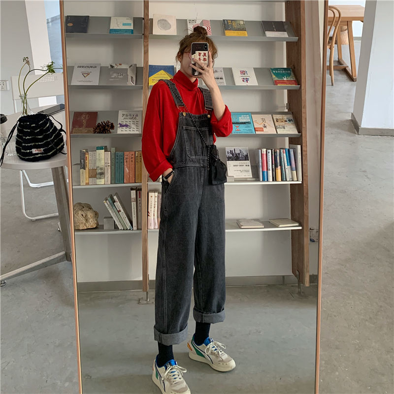 Autumn new jeans pants women's vigor wide leg pants high waist black suspenders junior versatile pants students