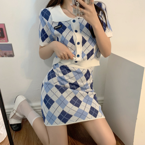 Real price retro polo collar top skirt two-piece set knitted short rhombic suit