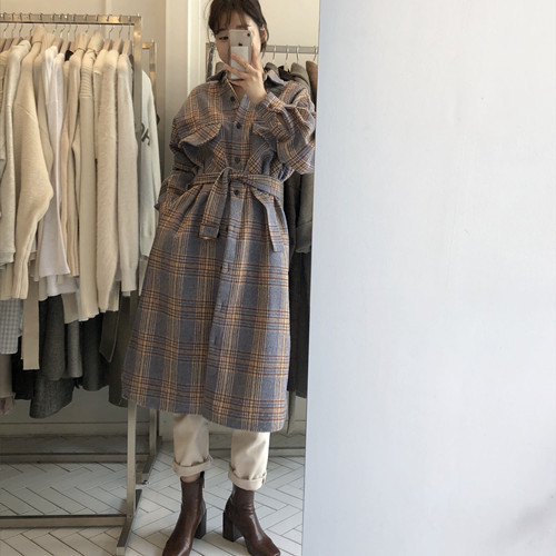 Korean retro Plaid single breasted shirt dress loose wool coat