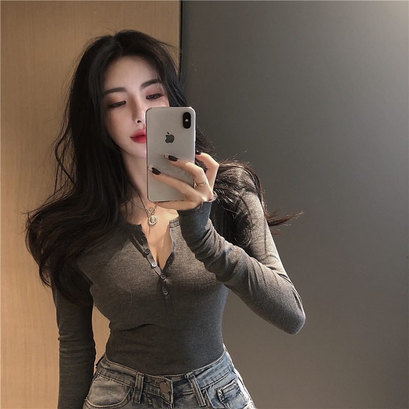 Real price real shot fungus edge careful machine top design sense long sleeve slim fit solid color bottomed shirt T-shirt women's fashion