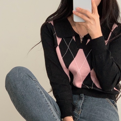 Real price autumn new college style diamond color blocking long sleeved sweater polo collar long sleeved blouse women