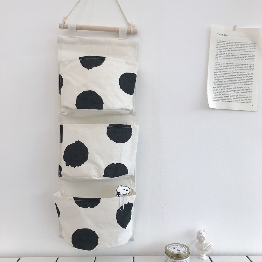 Han Feng's extremely simple wave point three pocket hanging bag cotton hemp cloth art dormitory room sundries wall storage bag decoration