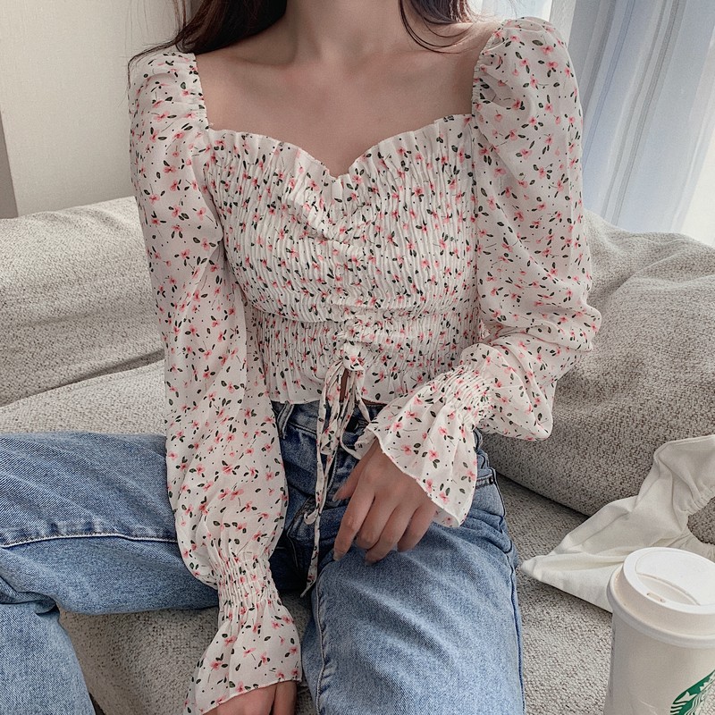 Real photo ~ real price Korean version small fresh Purple Floral Chiffon Blouse women's long sleeve super immortal design drawstring top