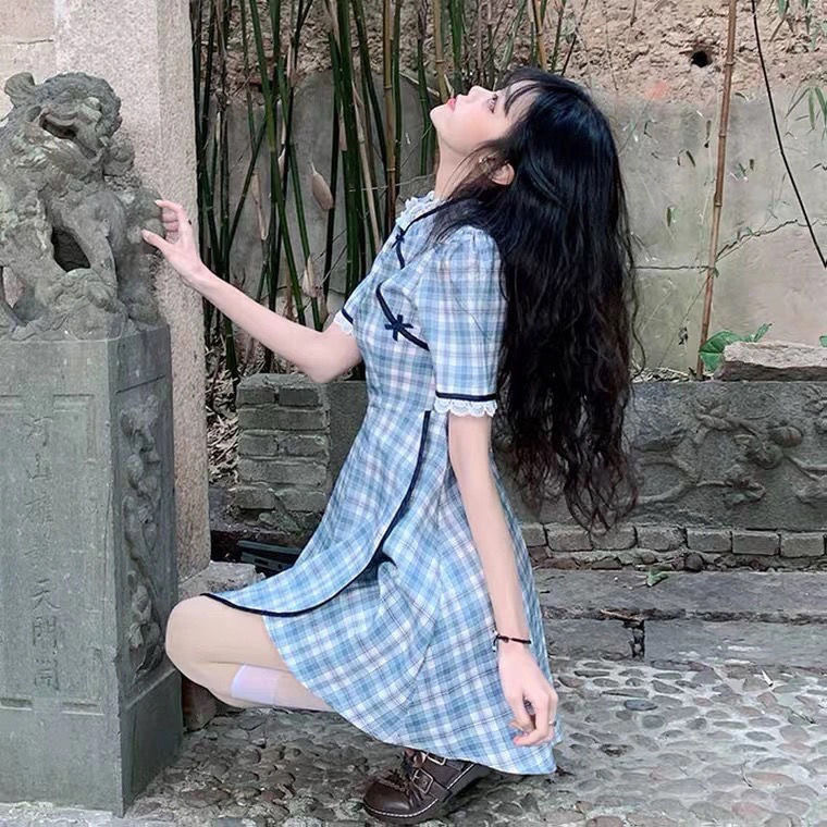 Improved cheongsam girl summer dress new Chinese element retro Plaid Dress for junior high school students