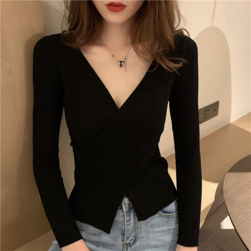 Real photo real price sexy cross neck slim knit autumn winter Pullover