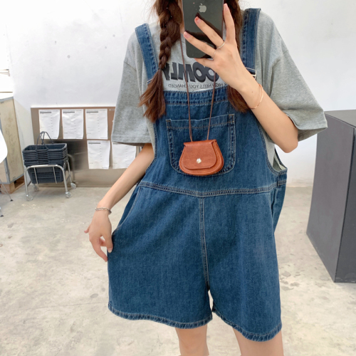 Real price 2021 new loose and thin straight tube tooling denim wide leg pants strap shorts women's fashion