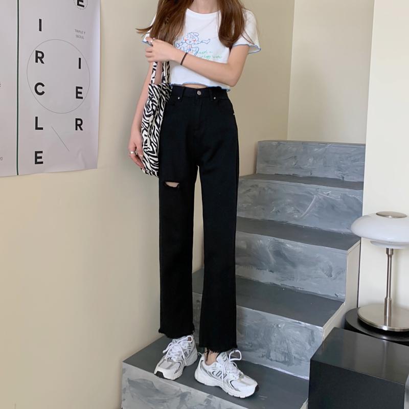 Actual shooting of the new fall 2021 versatile high waist, thin, broken hole and burr jeans for women