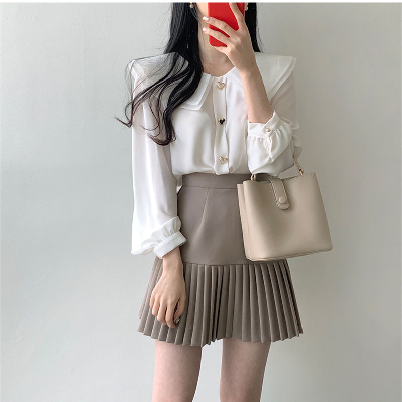 Solid color versatile button embellishment shirt + high waist pleated skirt suit detachable