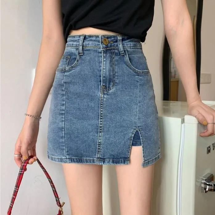 2021 spring and summer new anti tarnish denim skirt pants high waist elastic slim A-shaped split Hip Wrap Skirt