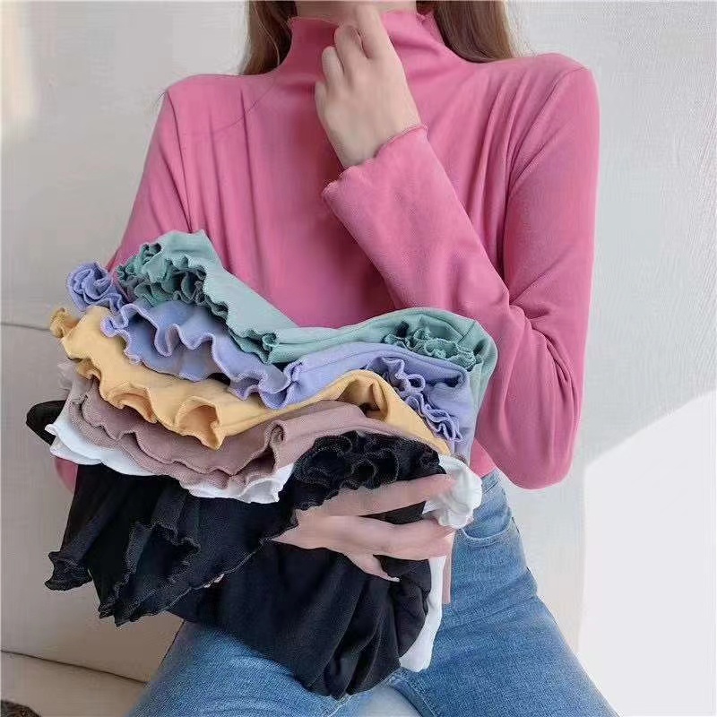 De velvet bottoming shirt women's warm autumn and winter slim fitting wooden ear edge casual versatile solid color bottoming shirt