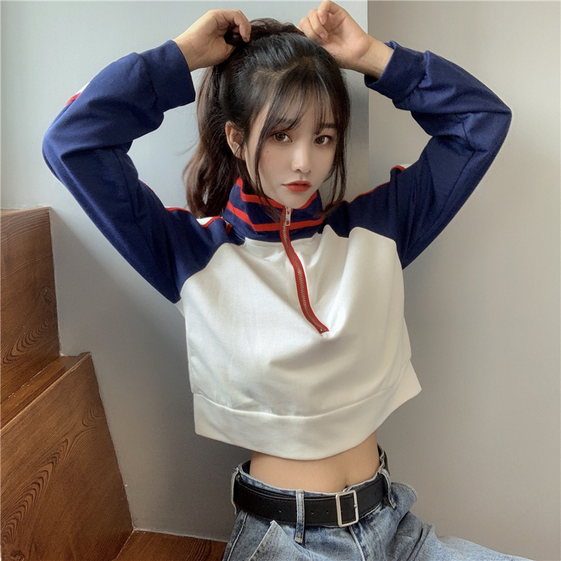 Korean early autumn stand collar sweater women's zipper high waist sweet cool half high collar top