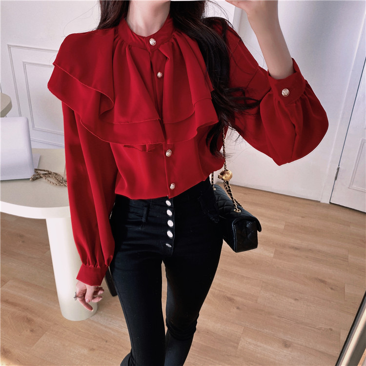 Real shot Ruffle long sleeve shirt button loose shirt base top stand collar red Chiffon Top