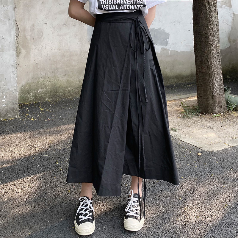 Real price, real shooting, versatile, niche word skirt, female, Japanese high waist lace up, large swing, medium and long skirt, female