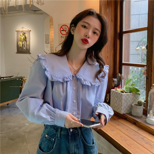 Spring new Korean style Ruffle doll Lapel Long Sleeve Shirt