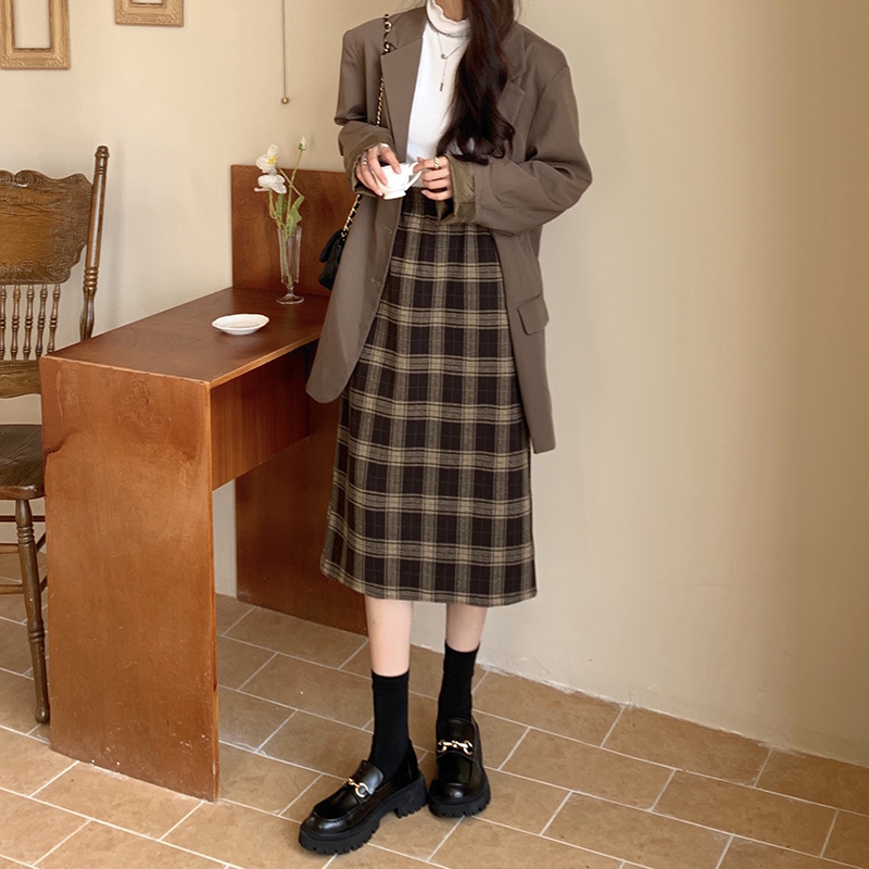 Real price: new Plaid A-line skirt in autumn 2021, Retro High Waist split straight tube skirt