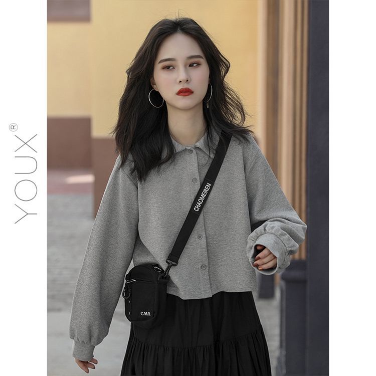 Polo neck short sweater women's long sleeve autumn and winter bottoming shirt women's slim high waist Lapel cardigan long sleeve top women