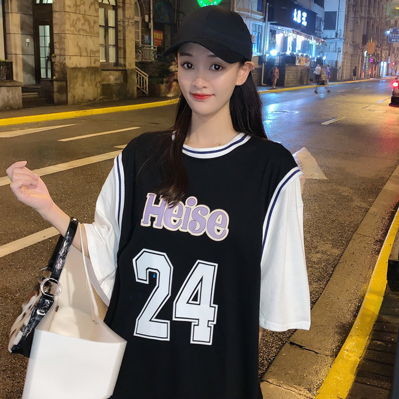 Student sportswear loose medium long fake two piece short sleeve t-shirt female summer Korean 2021 NEW