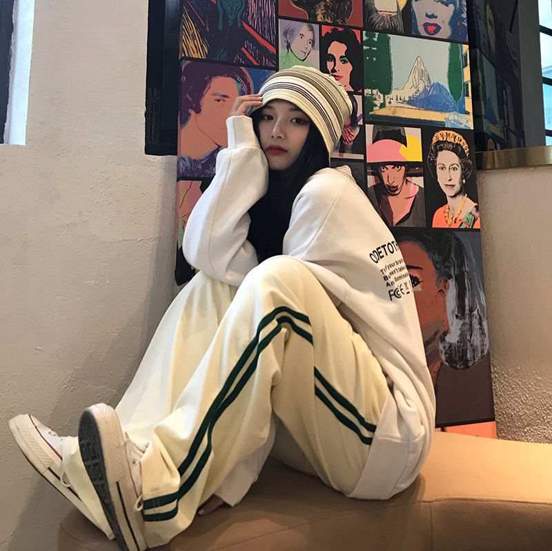 Casual sports pants women's autumn ins high waist straight tube wide leg pants loose BF thin apricot pants fashion