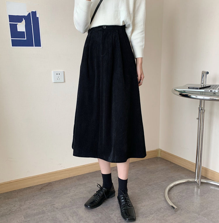 Real price ~ New Korean commuter corduroy high waisted slim medium length A-line skirt skirt skirt umbrella skirt