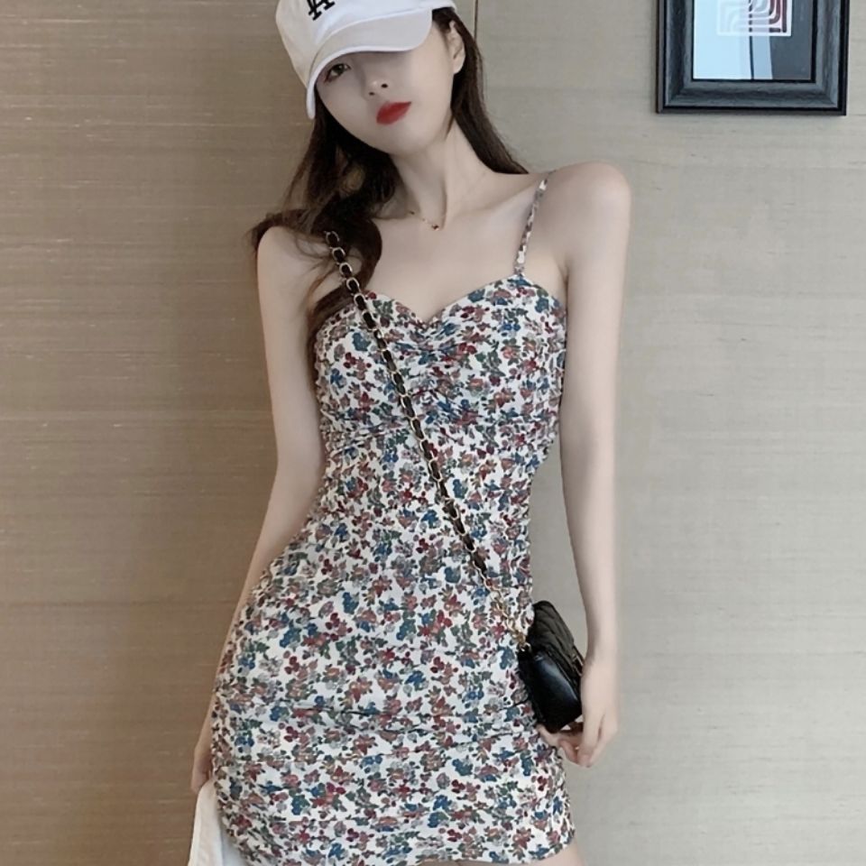 Summer retro style slim dress for women 2021 new sexy suspender Floral Dress