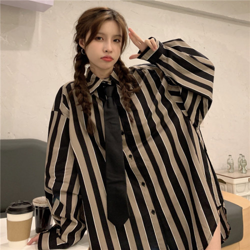 Real shot Korean version loose vertical stripe boyfriend style long sleeve shirt foreign style top female lazy wind long style