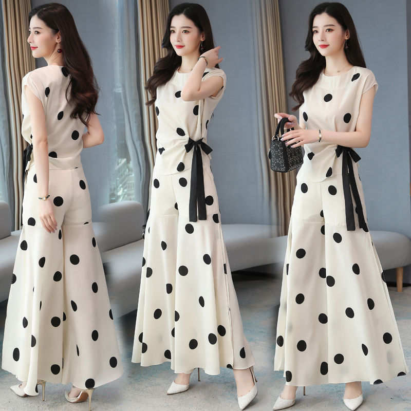 Chiffon wide leg pants fashion suit women's new style high cold Yujie style two piece suit