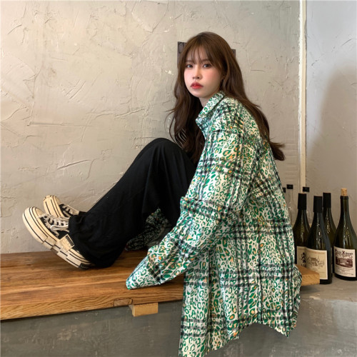 Real price thickened green leopard long sleeve shirt loose Korean casual lazy shirt coat