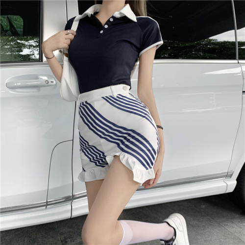 Real shooting and real price summer Golf polo collar color matching casual Top + ear lined horizontal skirt pants women