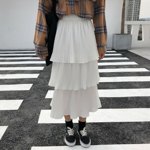 Korean version of high waist cake skirt pleated medium length A-line skirt