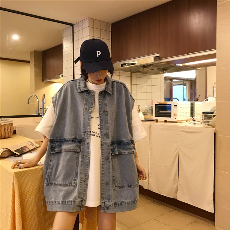 Real shot real price BF tooling jeans vest loose Korean sleeve less coat