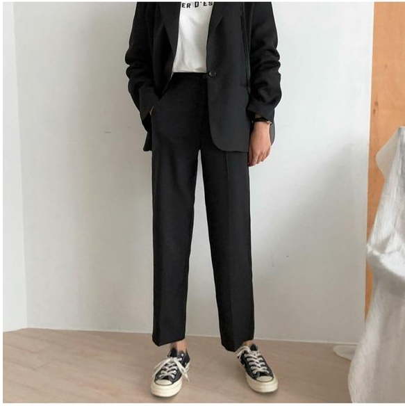 Drop-feeling broad-legged pants Women Chunqiu Korean version loose student suit pants 9-point pants straight tube high waist CEC overalls pants