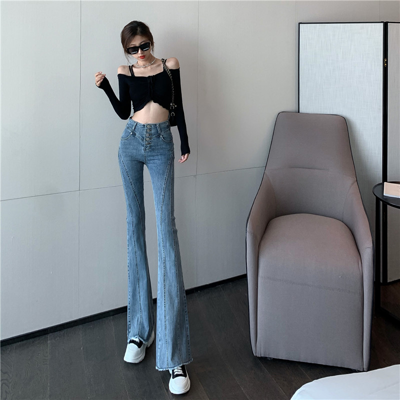 Real shooting and real price stitching raw edge high waist elastic breasted flared pants new fashion slim hip jeans