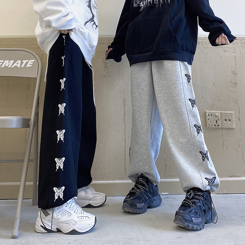 Casual pants women's spring and autumn new fashion loose butterfly print black versatile sports pants women's