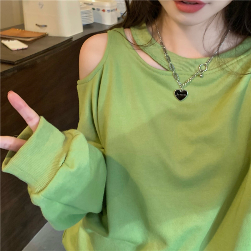 Real price! Small Xin machine off shoulder round neck long sleeve sweater women's green loose lazy casual top