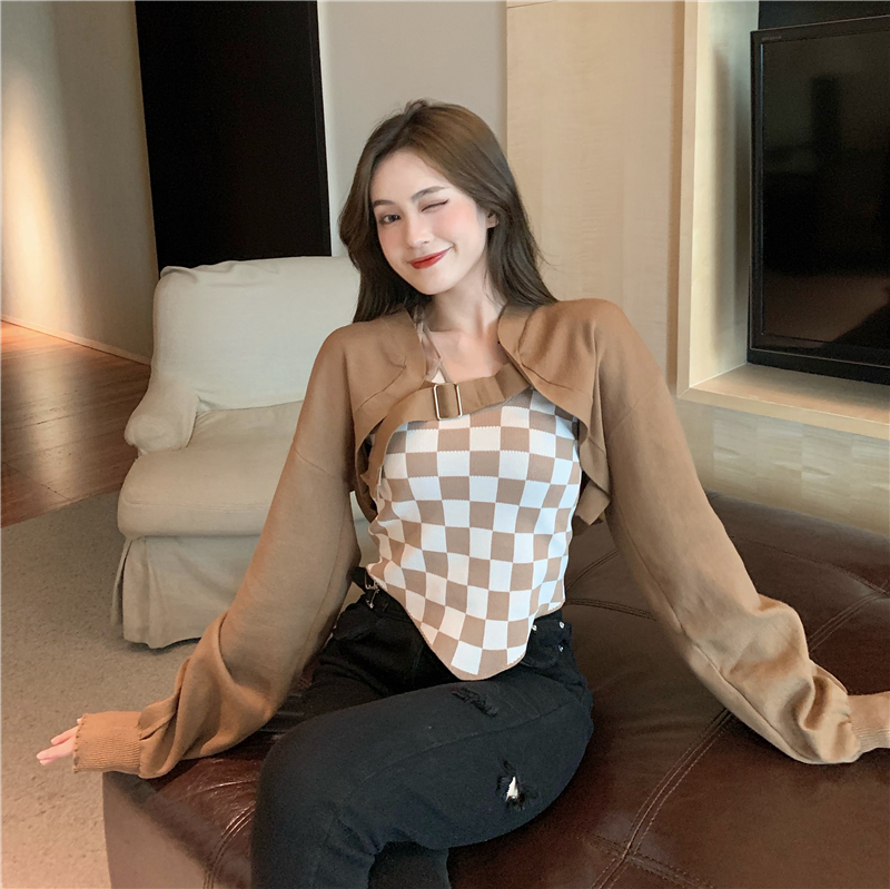 Real price autumn short long sleeve knitted sweater iron button blouse + checkerboard hanging neck sling two-piece set
