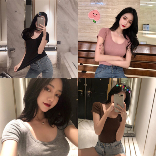 Real-price retro U-collar sexy, slim and visible clavicle short sleeve solid-color T-shirt basic style jacket