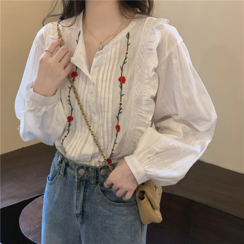 Real price! French retro Flower Embroidered breasted white shirt women's design long sleeve top