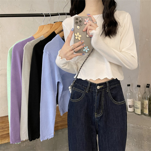 Real price wooden ear edge bottoming shirt women's spring and autumn foreign style sweater 2021 new long sleeve top