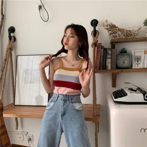 Real-price Rainbow Striped knitted vest for women wearing slim sling in the summer of 2019