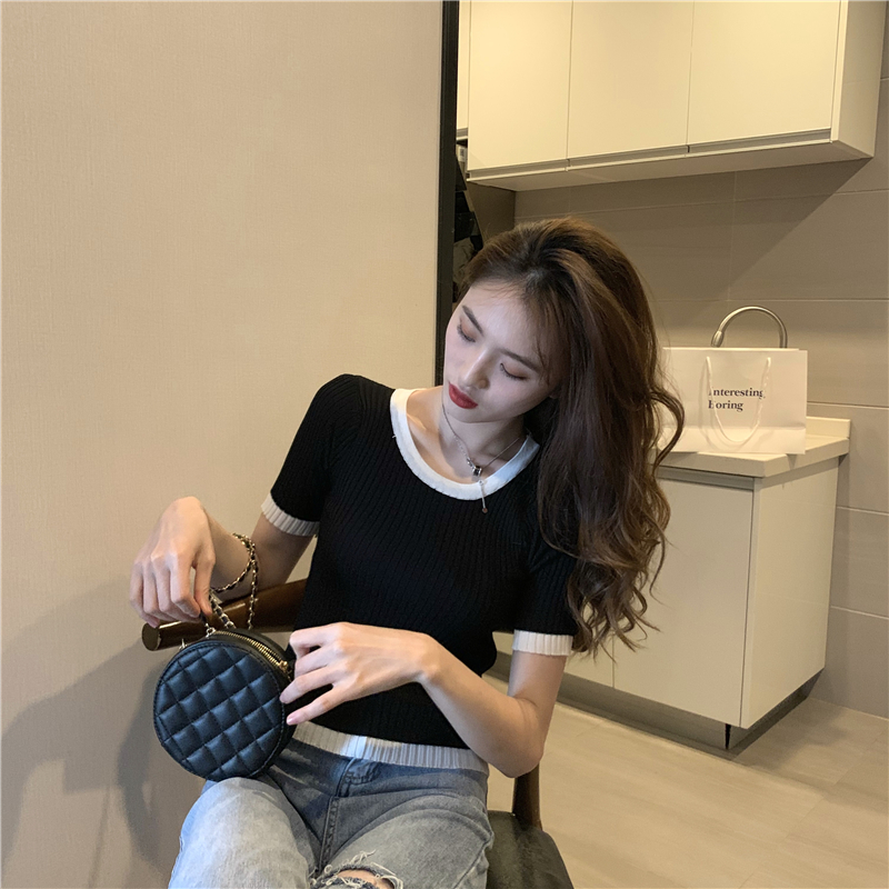 Real photo real price new color contrast low neck fit all-around T-shirt