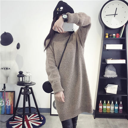 Autumn and winter mid length Korean high neck solid color thickened Pullover loose large sweater dress