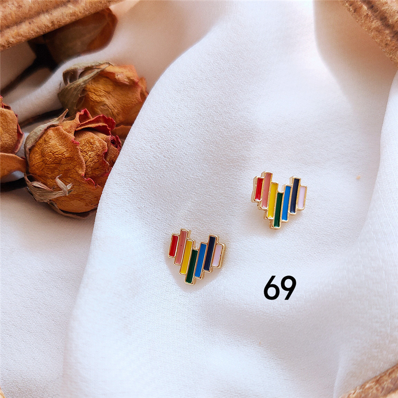 S925 silver needle rainbow Love Earrings cute little fresh girl heart earrings candy color color color