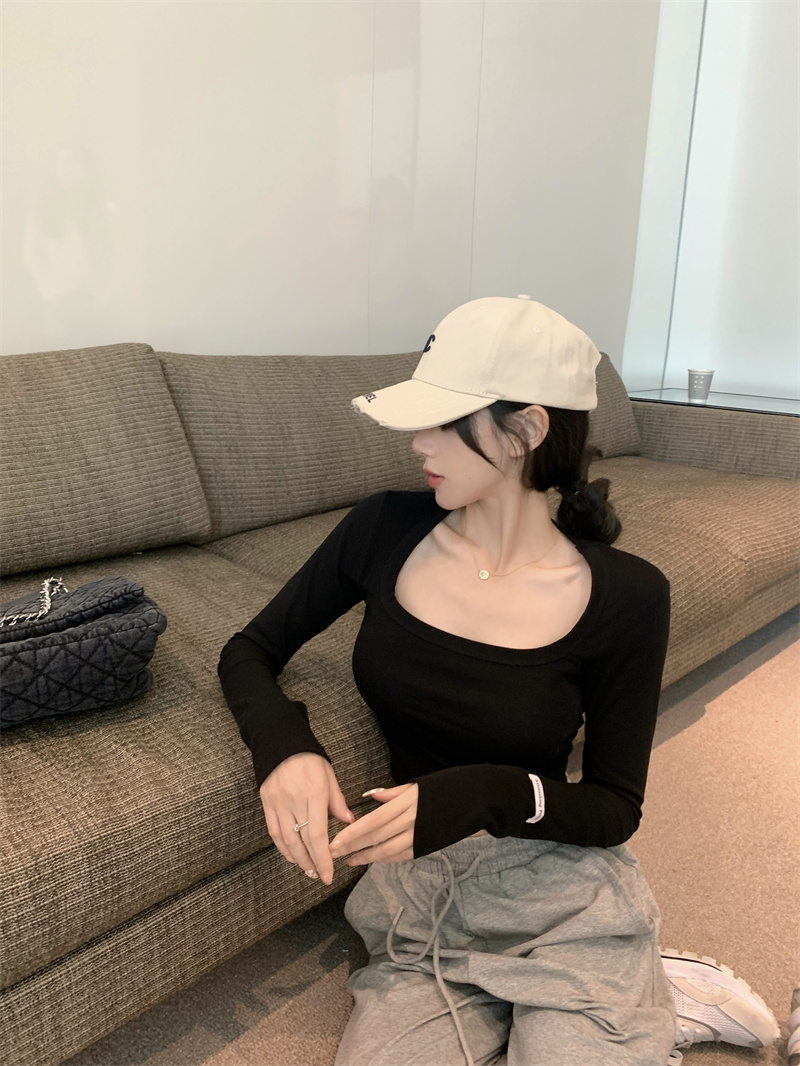 Real shooting and real price pure desire for spice girl style autumn style U-neck slim fitting short bottomed top
