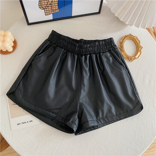*Real shooting without price reduction ~ classic leather shorts autumn women's high waist versatile loose wide leg pants with boots and pants outside