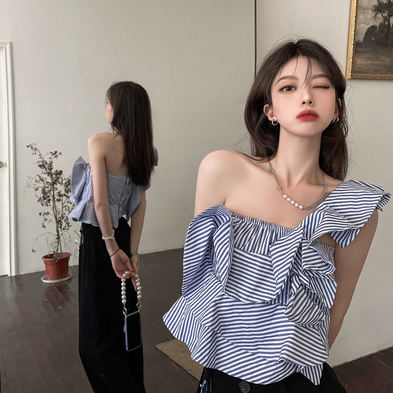 Real shot real price sexy Ruffle fly Sleeve Striped Shirt irregular off shoulder age reducing top